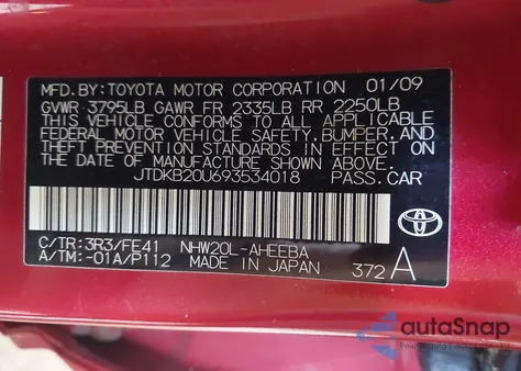 2009 Toyota Prius z USA, uszkodzony, nr VIN JTDKB20U693534018